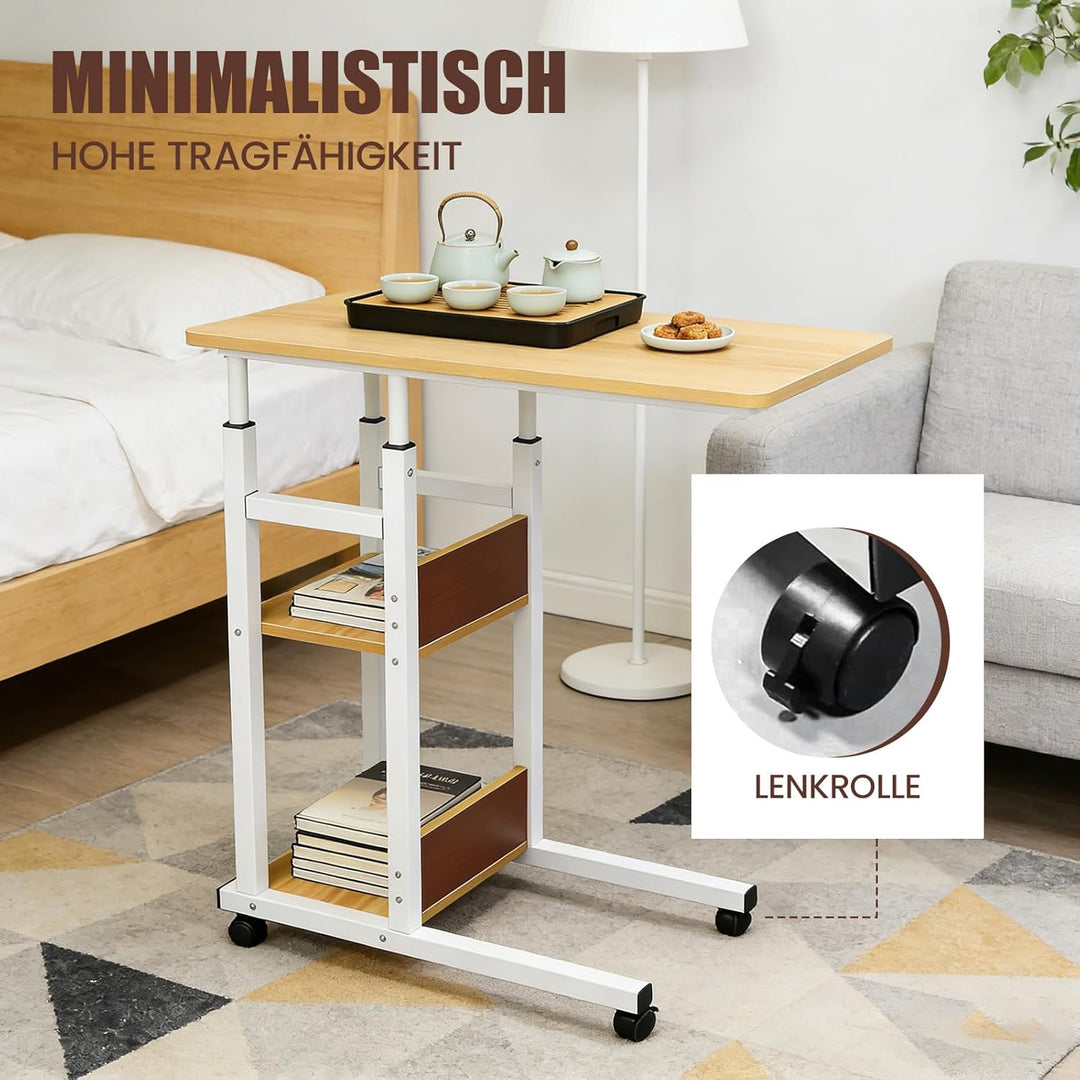 MYKAGS C-förmig Verstellbarer Couchettisch mit verschliessbaren Rollen und 2 Aufbewahrungsregalen, T
