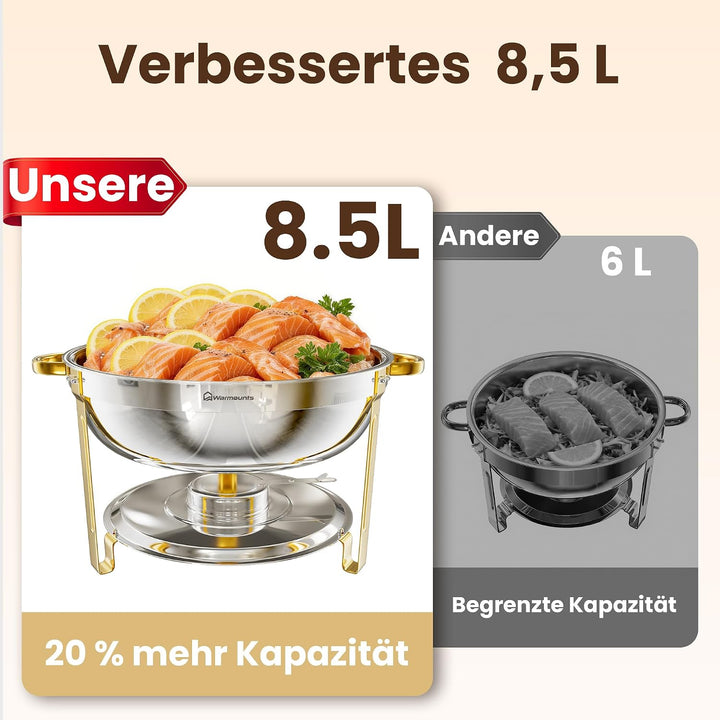 WARMOUNTS Chafing Dish 2er Set 7,5L Gold &amp; Silber, Speisenwärmer Buffet Rund Edelstahl mit Glasdecke