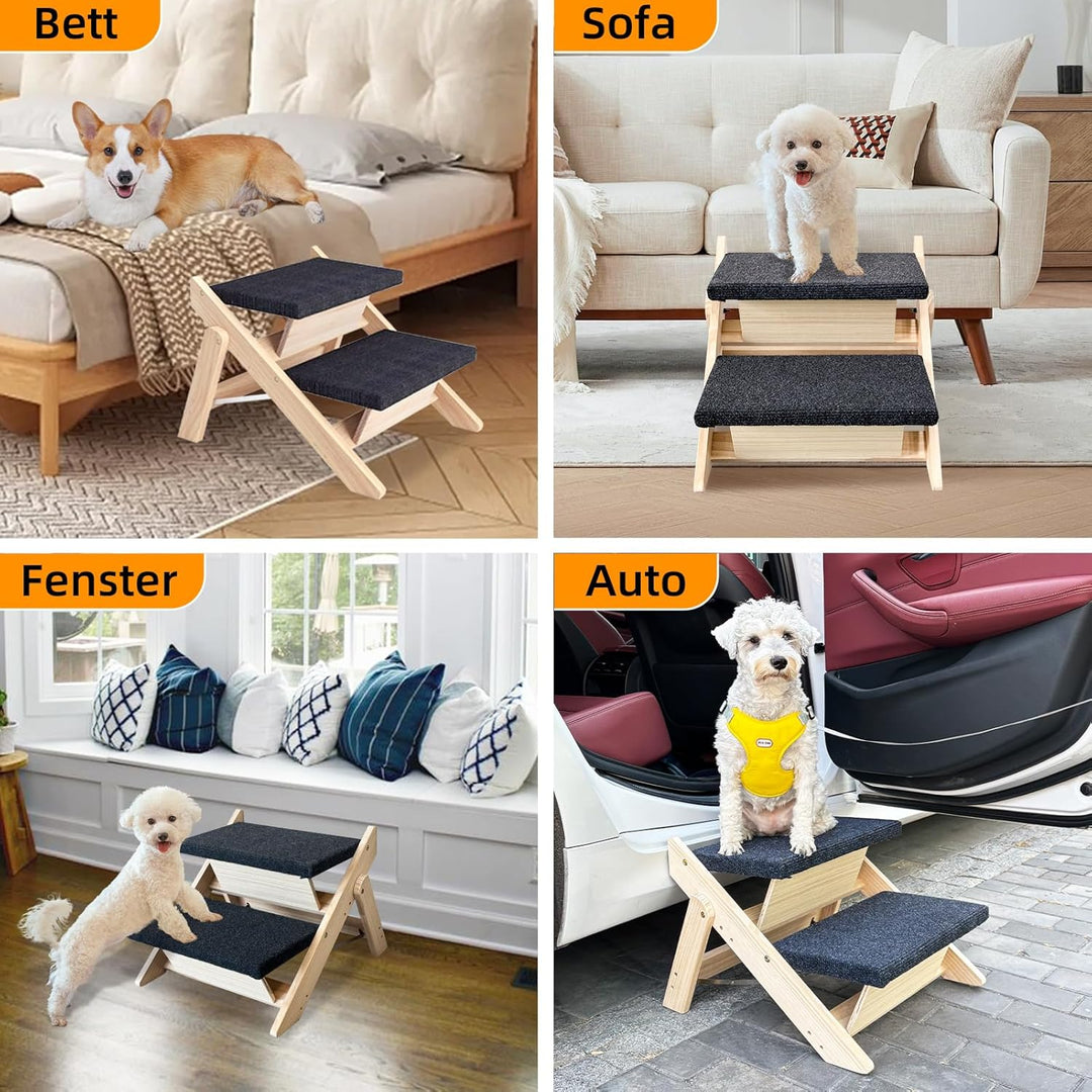 Haustierstufen, 2-in-1 Faltbare Hundetreppe aus Holz für Betten, Sofas und Autos, Hundetreppe und Ra