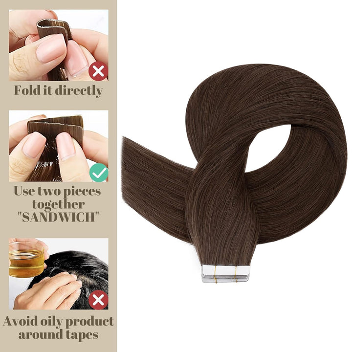 SEGO Tape Extensions Echthaar Haarverlängerung 10 Tressen Klebeband 25g Balayage Haarteile 7A Glatt