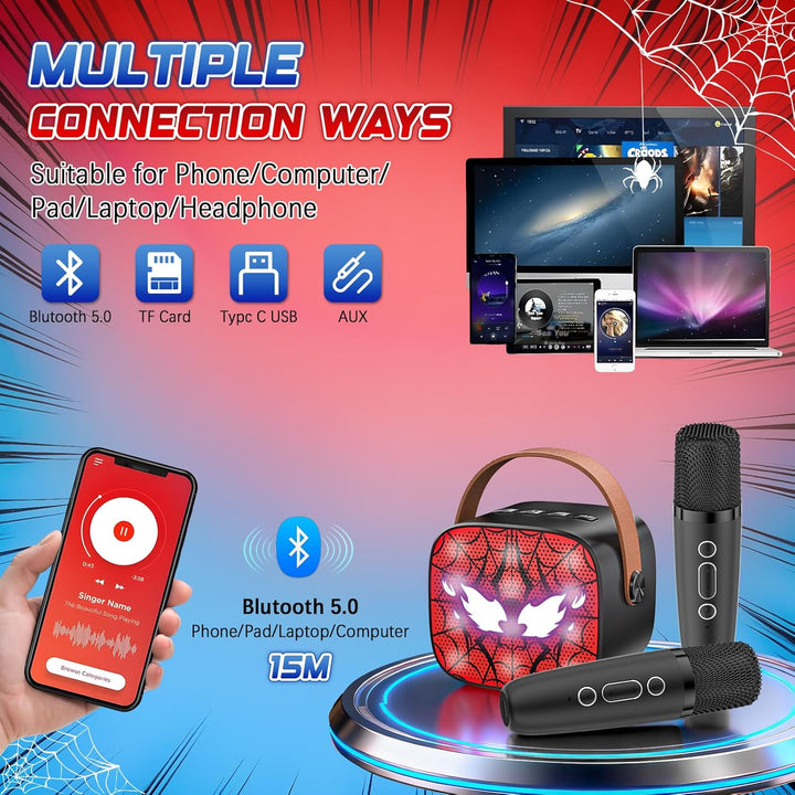 Spider Karaoke Maschine Kinder mit 2 Bluetooth Mikrofon - Weihnachts Geschenke Spielzeug für Mädchen