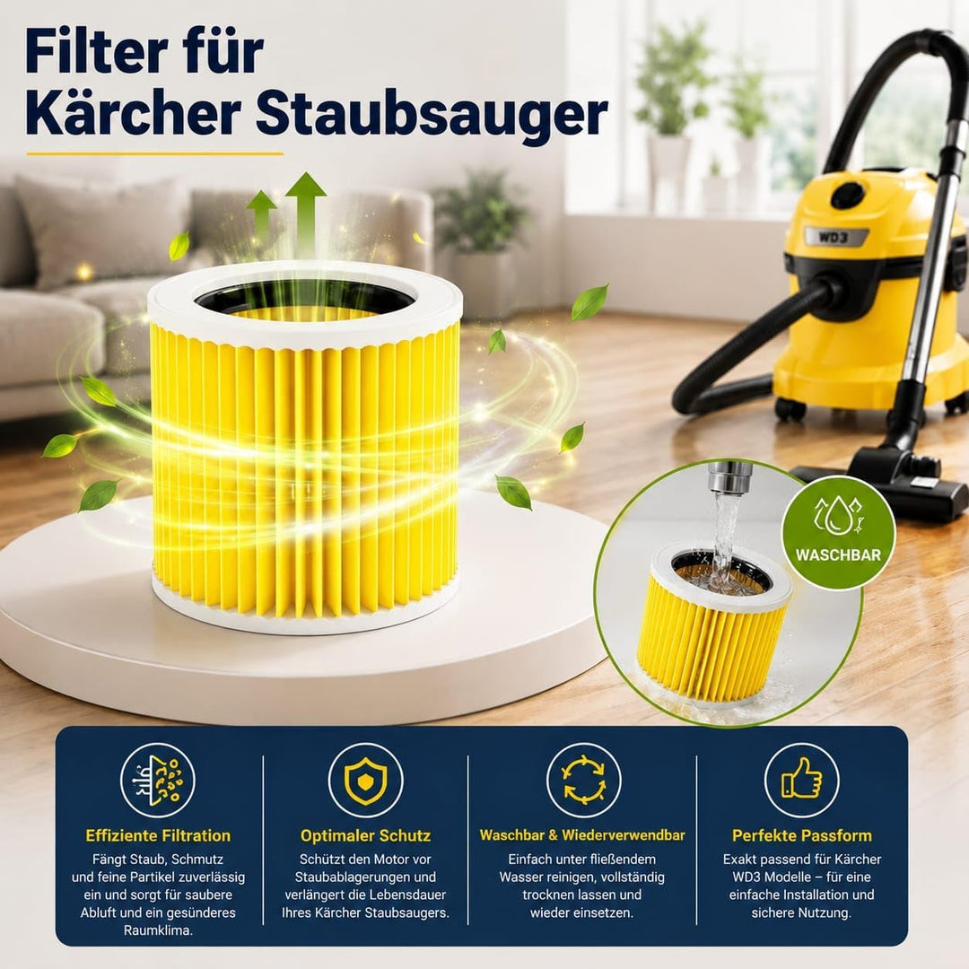 3x Filter für Kärcher Staubsauger, kompatibel mit Kärcher WD3 Filter, Premium WD2 WD 3 WD1 MV3 MV2 N