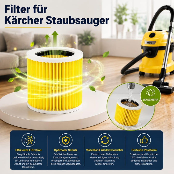 3x Filter für Kärcher Staubsauger, kompatibel mit Kärcher WD3 Filter, Premium WD2 WD 3 WD1 MV3 MV2 N