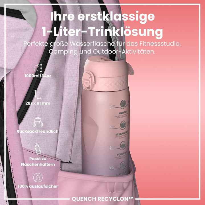 ion8 1 Liter Trinkflasche mit Zeitmarkierungen, Auslaufsicher, Einhandöffnung, Sichere Verriegelung,