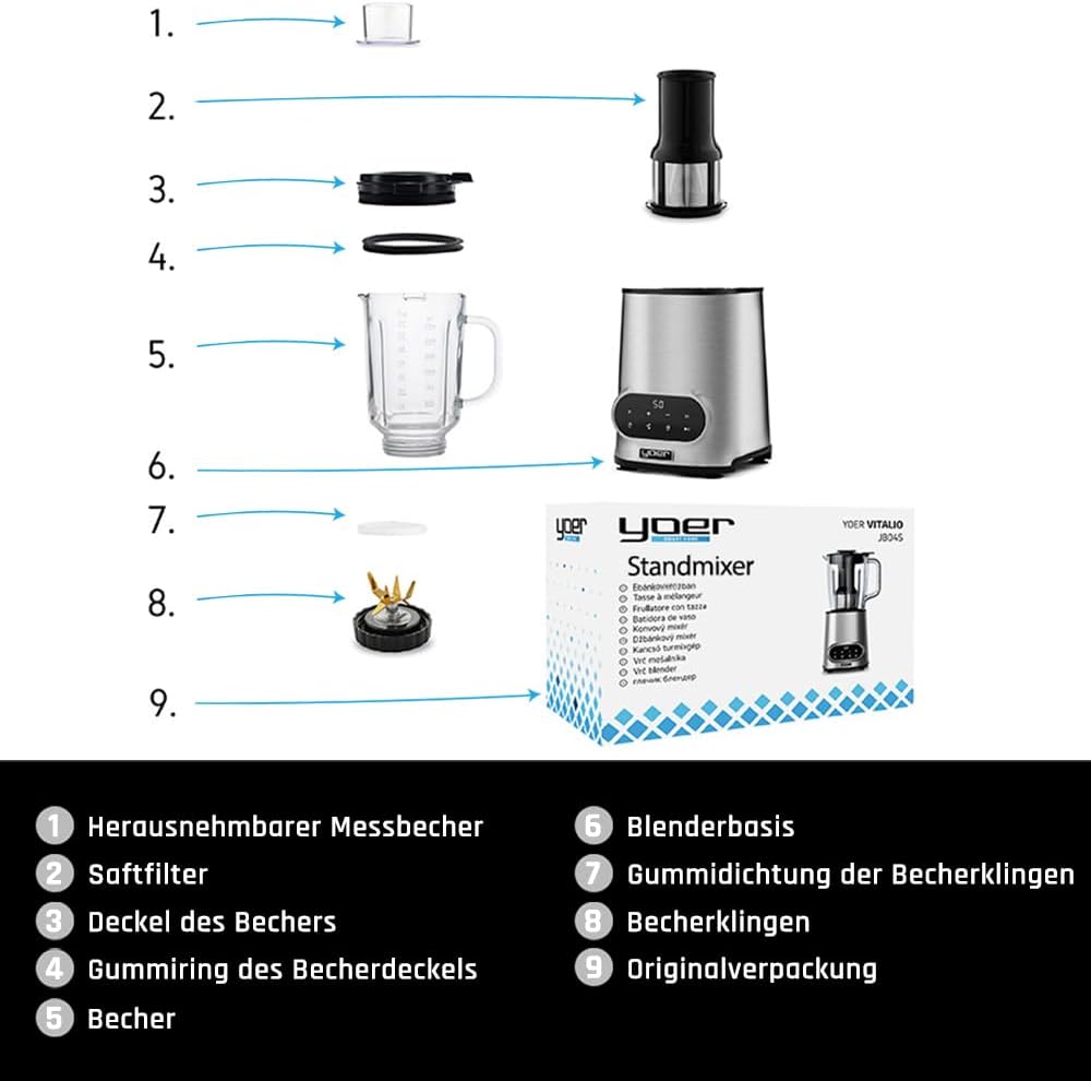 Yoer Vitalio JB04S, 2-in-1 Standmixer, 2200W, 2,4L Tritan-Krug, Automatikprogramme, LED-Anzeige, Ede