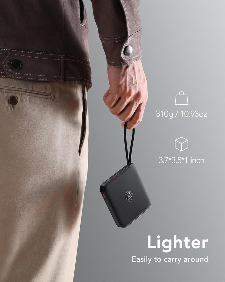 VRURC Powerbank 20000mAh Power Bank mit Kabel Klein USB C 22.5W QC3.0 Schnelles Aufladen Tragbares L