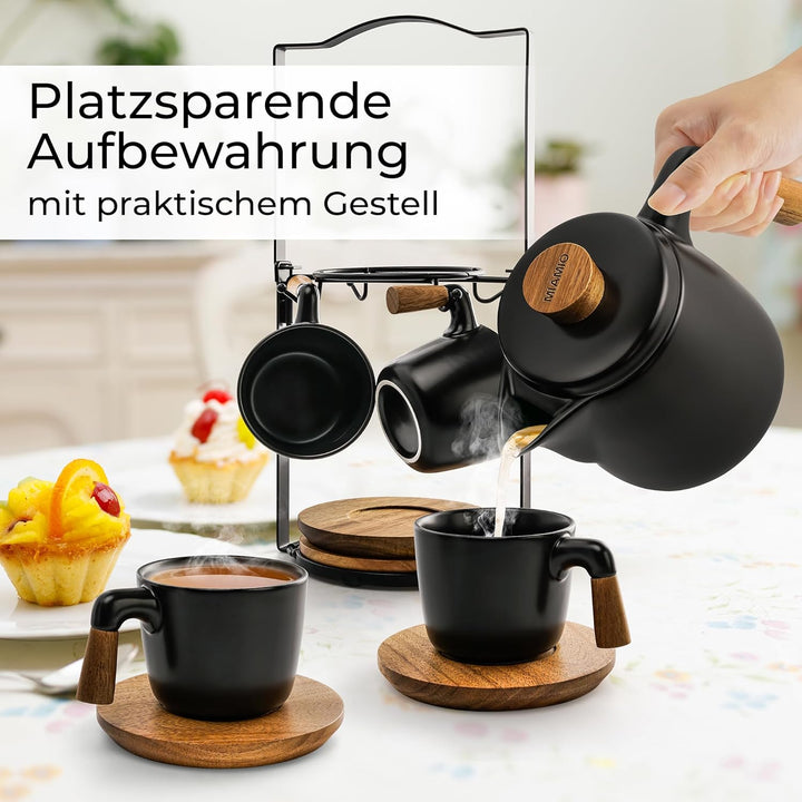 MIAMIO - 1 Liter Keramik-Teekanne-Set mit Siebeinsatz und Tassen/Teesieb, 4 Keramik-Teetassen (300 m