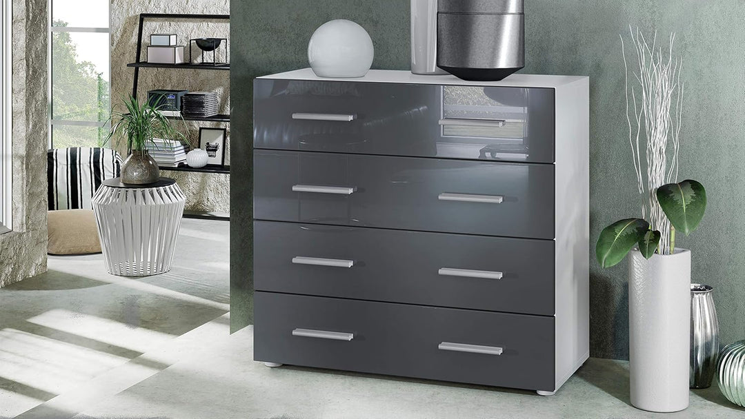Vladon Sideboard Pavos, Kommode mit 4 Schubladen, Weiss matt/Grau Hochglanz (76 x 72 x 35 cm), Grau