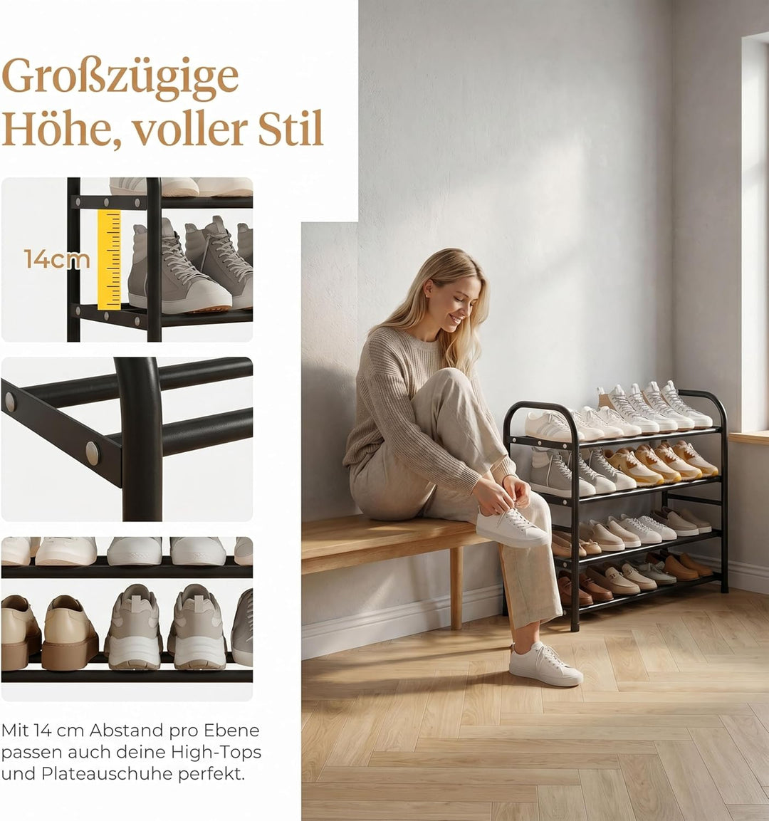 URMONA Erweiterbares Schuhregal, Platzsparend Schuhregal Klein, Adjustable &amp; Expandable 43 to 78 cm,