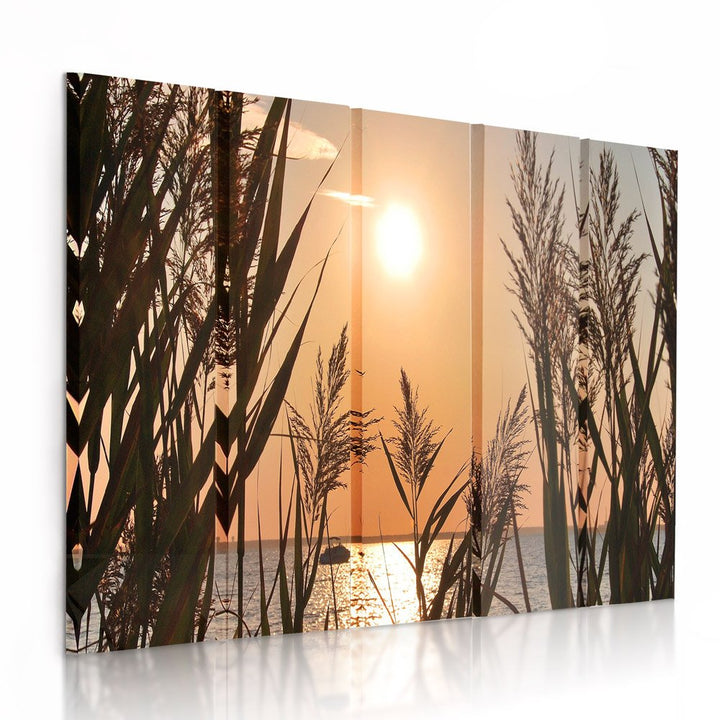 Feeby Frames, Leinwandbild Bilder Wand Bild - 5 Teile - Wandbilder Kunstdruck (SONNENUNTERGANG, GOLD