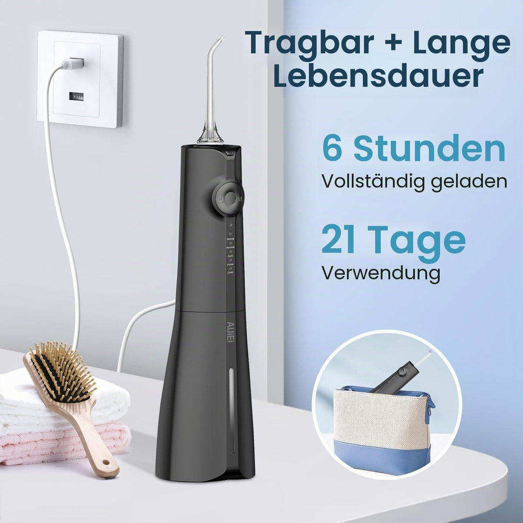Munddusche, tragbar, Wasserfloss, Munddusche 5 Modi und 8 Düsen, Tank 300 ml, USB aufgeladen, wasser