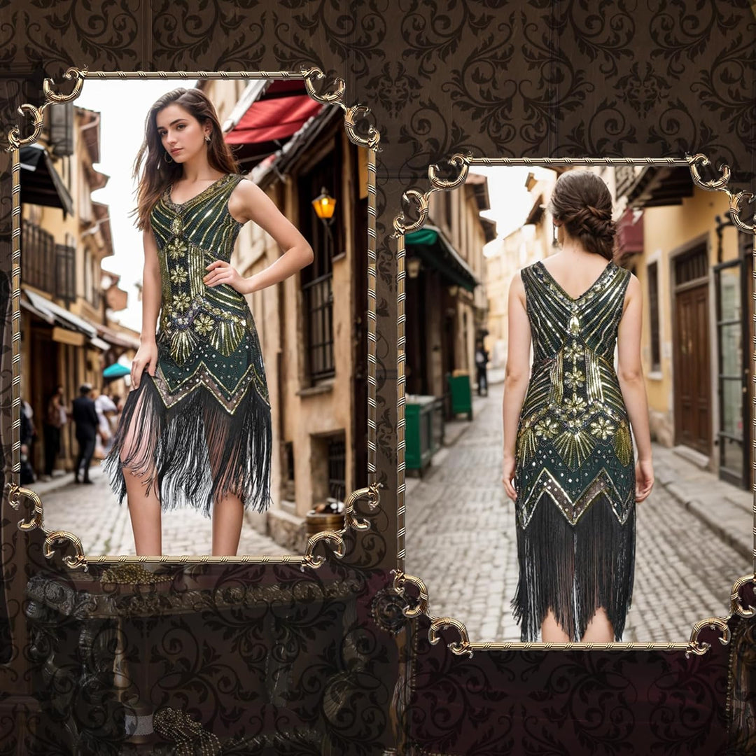 FEPITO 1920er Jahre Kleid mit V-Ausschnitt, Pailletten, Perlen und Fransen XL Green（style 3）, XL Gre