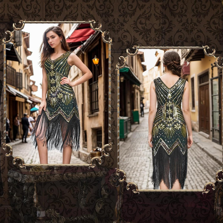 FEPITO 1920er Jahre Kleid mit V-Ausschnitt, Pailletten, Perlen und Fransen XL Green（style 3）, XL Gre