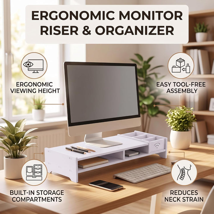 Greensen Monitorständer mit Schublade, Bildschirmständer Schreibtisch Organizer Holz Kunststoff Verb