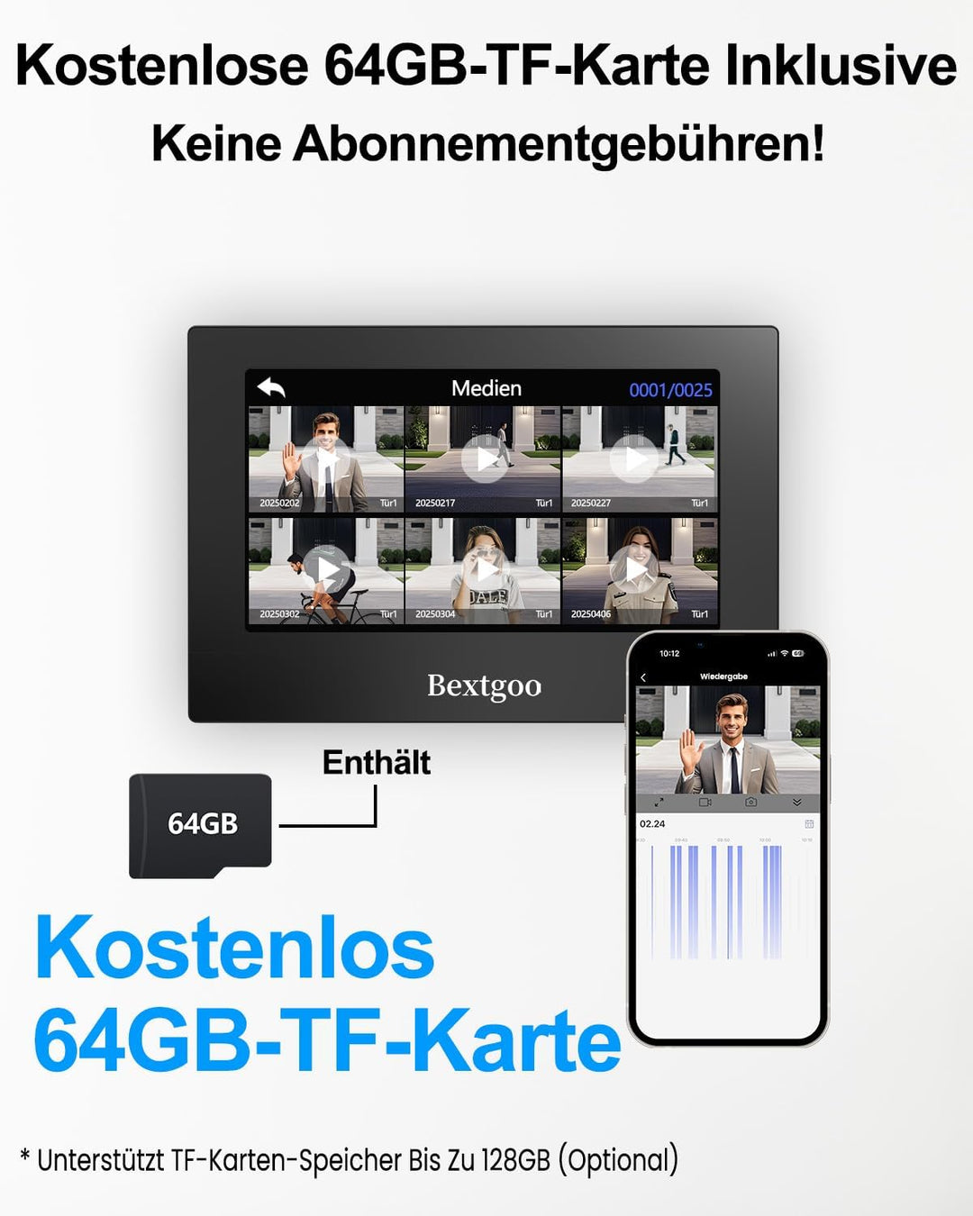 2K Türsprechanlage mit Türöffner, Video Türklingel mit Kamera WLAN mit 7" Touchscreen, App, IC Card