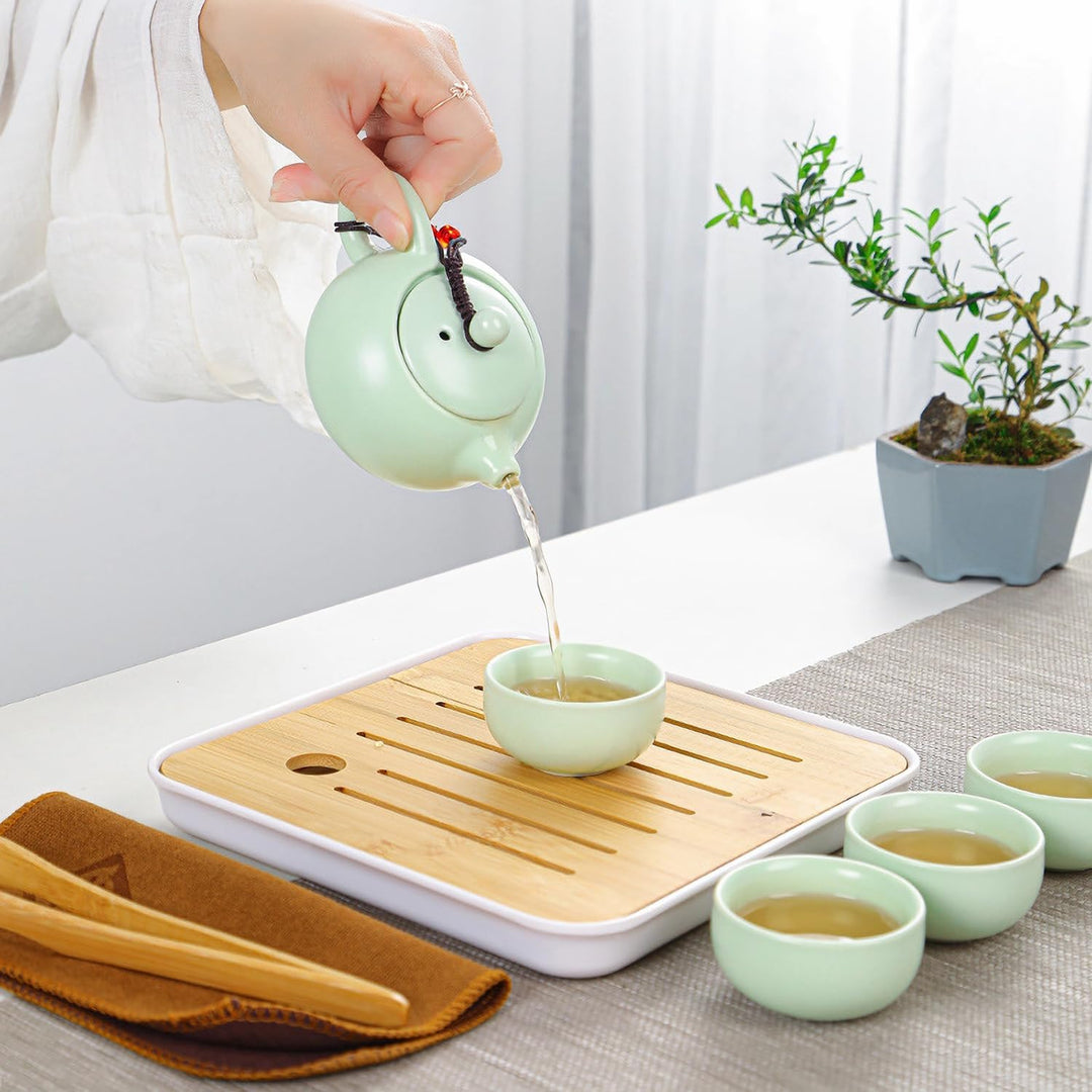 Teekanne Sets, Chinesisches Kungfu Teeservice, Keramik Teekanne mit 4 Tassen und Teedose & Tablett,