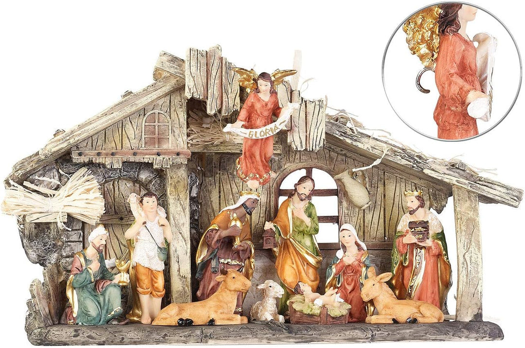 PEARL Krippen: Weihnachtskrippe aus Polyresin mit 11 handbemalten Figuren (Krippe mit handbemalten