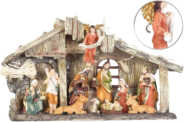 PEARL Krippen: Weihnachtskrippe aus Polyresin mit 11 handbemalten Figuren (Krippe mit handbemalten