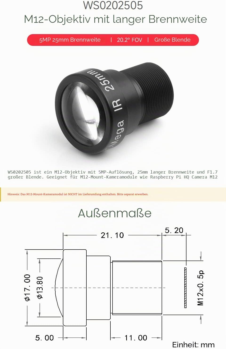 Waveshare M12 Long Focal Length Lens,5MP,25mm Focal Length,Large Aperture,Compatible with Raspberry