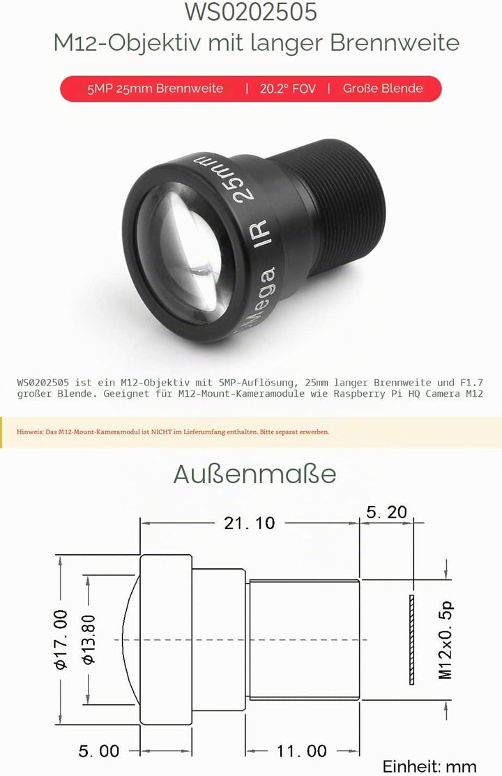 Waveshare M12 Long Focal Length Lens,5MP,25mm Focal Length,Large Aperture,Compatible with Raspberry