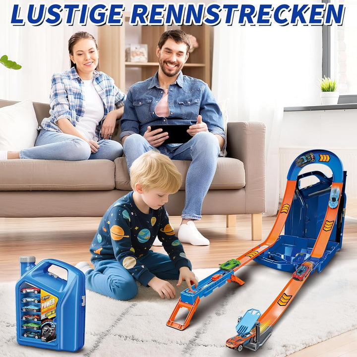 Autorennbahn für Kinder, Rennstrecke Auto Spielzeug mit 6 Autos, Aufbewahrungsbox, Auto Rennbahn Mit
