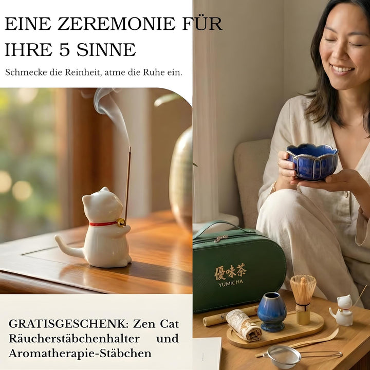 Matcha Set Komplett 10-teilig – Matcha Tee Set mit Schale, Bambusbesen (Chasen), Löffel, Halter & Au