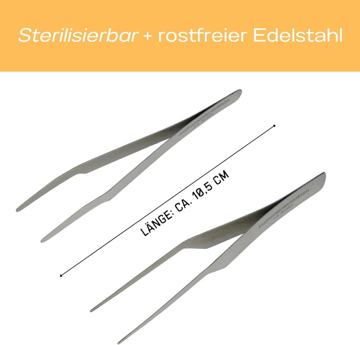 2 Federstahlpinzetten, je 1x spitz und stumpf - Länge 10 cm, Insektenpinzette Laborpinzette
