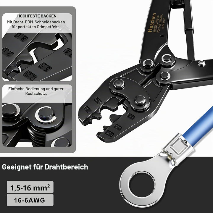 Heschen Crimpzange mit Ratsche HS-16 für nicht isolierte Klemmen von 1,5-16 mm² (15-5AWG) (Spitzenty