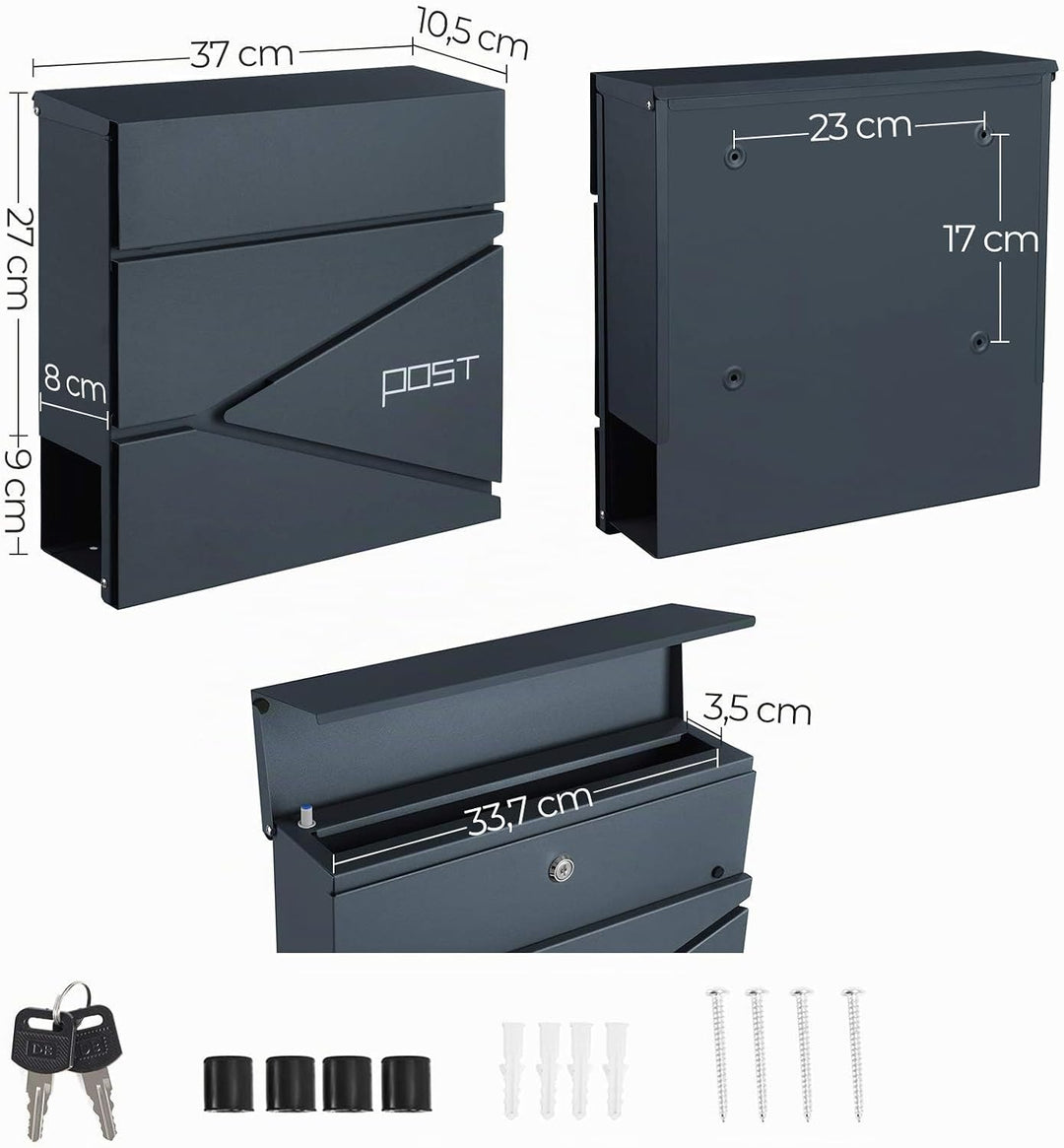 SONGMICS Briefkasten, Wandmontage, mit Zeitungshalter, Schlüssel, modernes Design, Grau Anthrazit GM