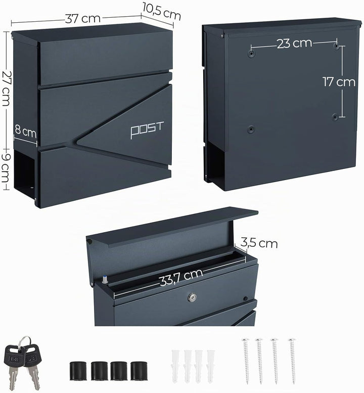 SONGMICS Briefkasten, Wandmontage, mit Zeitungshalter, Schlüssel, modernes Design, Grau Anthrazit GM