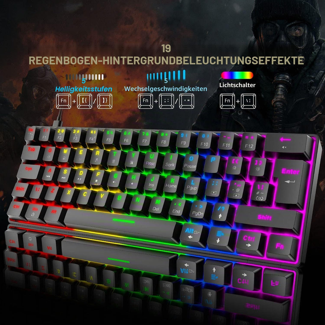 T60 Mini 60% Mechanische Tastatur-Maus-Sets, Kompakt 62 Tasten, Typ C Wired, 19 Hintergrundbeleuchtu