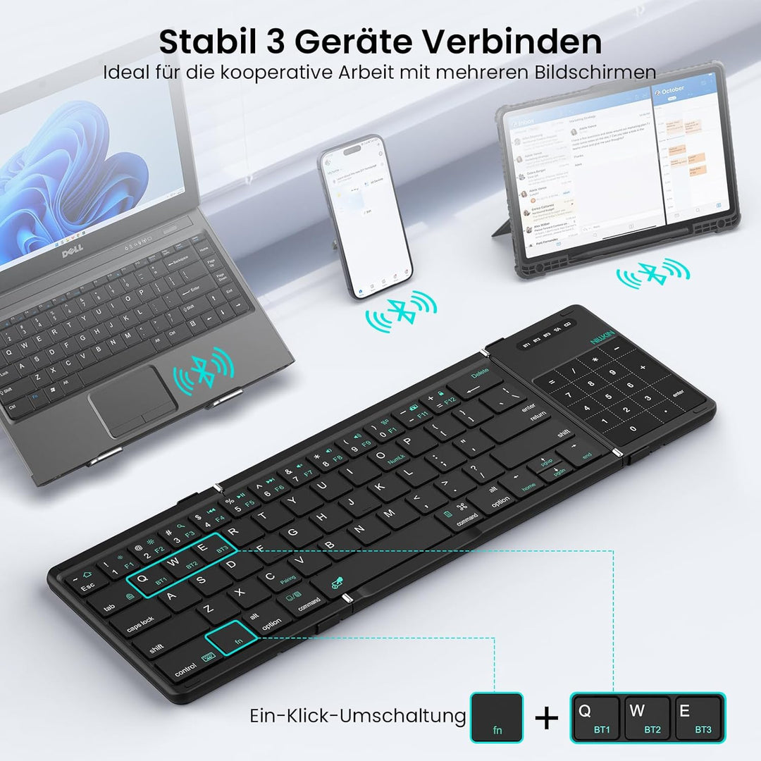 Nillkin Faltbare Bluetooth Tastatur mit Touchpad, Wiederaufladbare Klapptastatur mit Ziffernblock, T