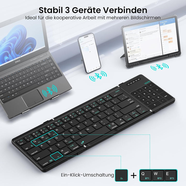 Nillkin Faltbare Bluetooth Tastatur mit Touchpad, Wiederaufladbare Klapptastatur mit Ziffernblock, T