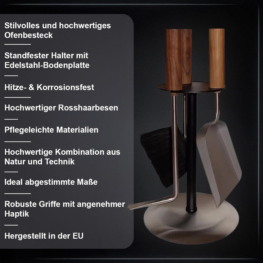 MS Beschläge® Kaminbesteck Kaminset Kamingarnitur Ofenset mit Nussholzgriffen und Besteck aus Edelst