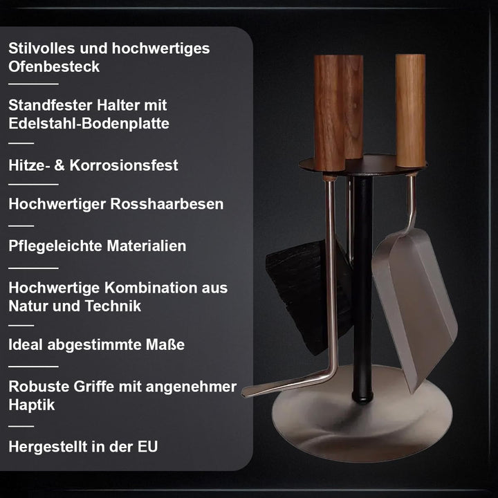 MS Beschläge® Kaminbesteck Kaminset Kamingarnitur Ofenset mit Nussholzgriffen und Besteck aus Edelst
