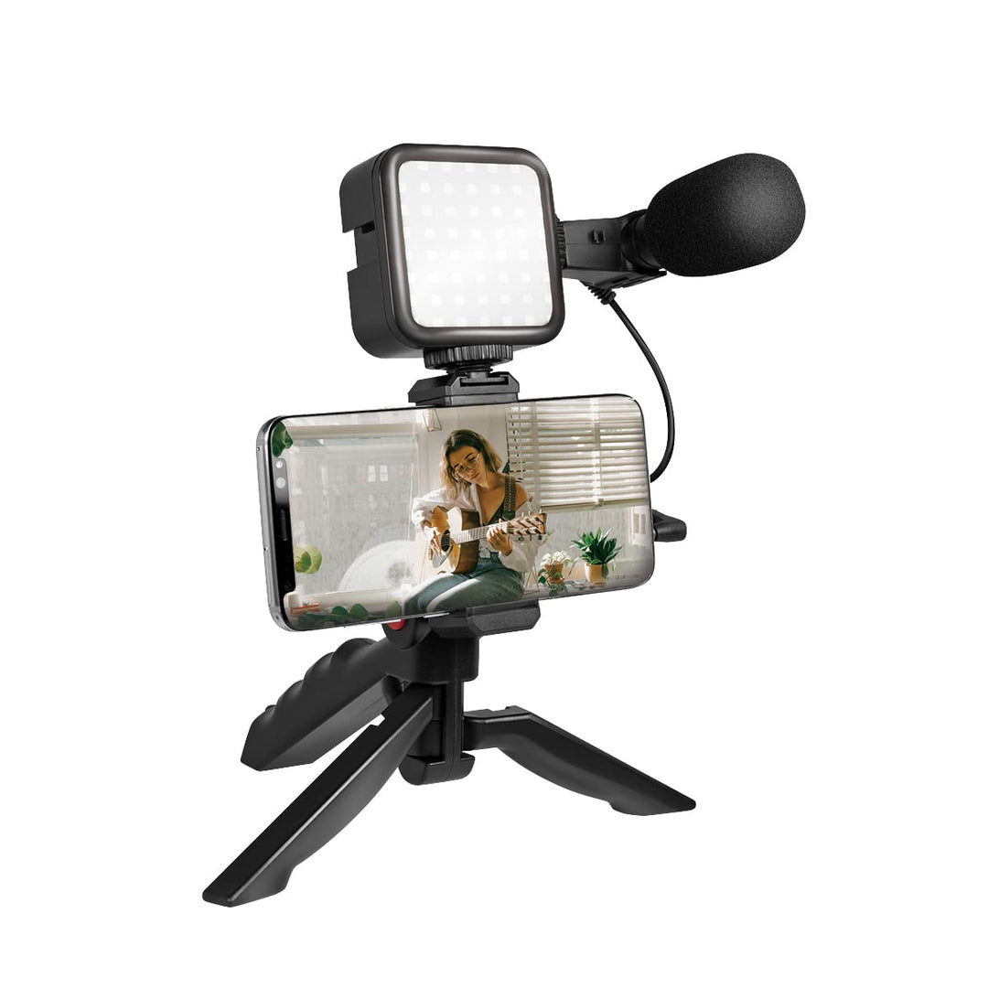 LogiLink Vlogger Kit mit LED-Licht (36 LEDs), Shotgun-Mikrofon + Stativ, für 4,7–7" Smartphones, Sch