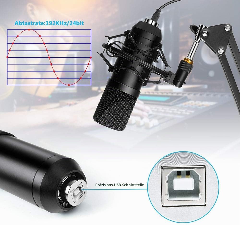 Diealles Shine Kondensator Microphone, Mikrofon PC Mit Arm, Podcast Mikrofon Set 192KHz/24 Bit Mit T