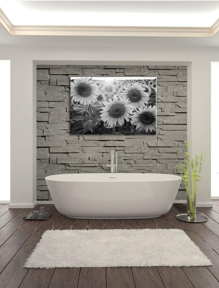 Pixxprint Sonnenblumen auf dem Feld als Leinwandbild | Grösse: 100x70 cm | Wandbild | Kunstdruck | f