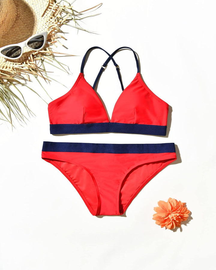 iSLASISIA Damen Bikini Set, Triangel, breites Unterbrustband, Bademode, Badeanzug 36 Rot + Blau, 36