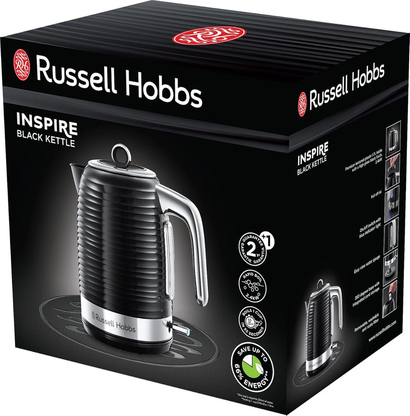 Russell Hobbs Wasserkocher [1,7l, 2400W] Inspire Schwarz mit hochwertiger Hochglanz-Struktur (Schnel