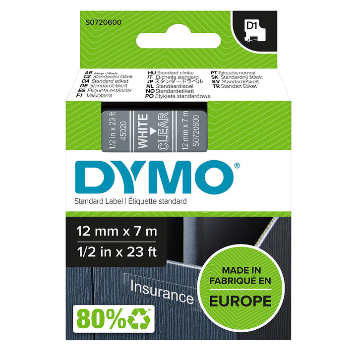 DYMO Original D1-Etikettenband, weiss auf transparent, 12 mm x 7 m, selbstklebendes Schriftband, für