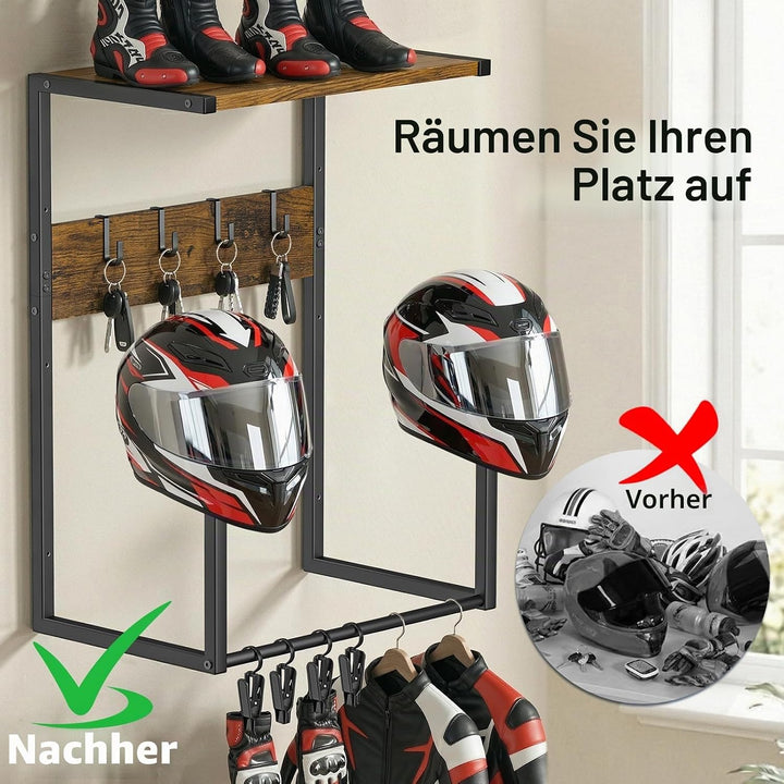 Housolution Motorradhelm Wandhalterung, Helmhalterung mit 4 Handschuhchips und 4 Haken für Reitanzüg