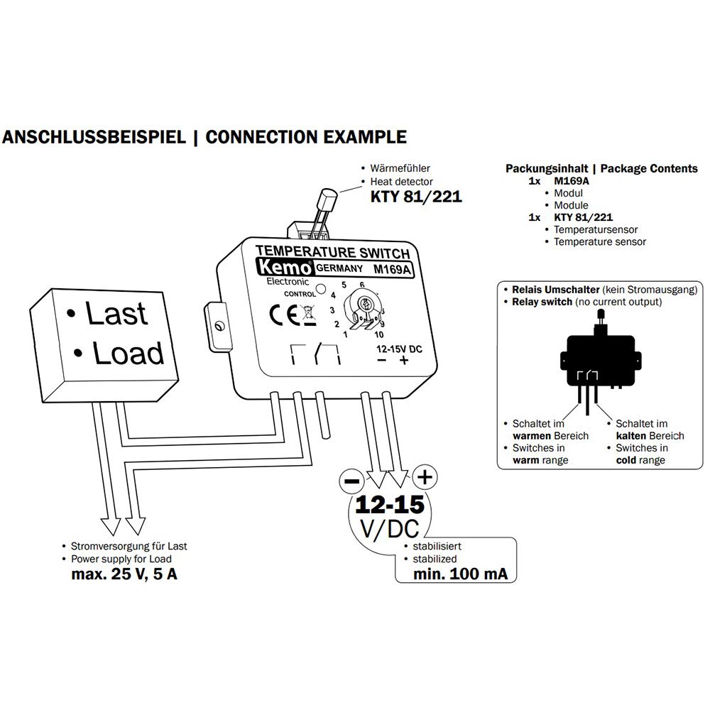 Kemo M169A einstellbarer elektronischer Temperaturschalter Thermostat 12 V/DC. Temperaturschaltberei