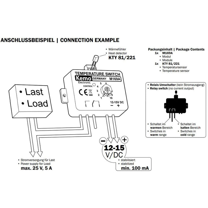 Kemo M169A einstellbarer elektronischer Temperaturschalter Thermostat 12 V/DC. Temperaturschaltberei