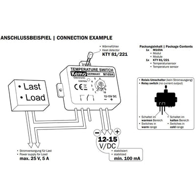 Kemo M169A einstellbarer elektronischer Temperaturschalter Thermostat 12 V/DC. Temperaturschaltberei