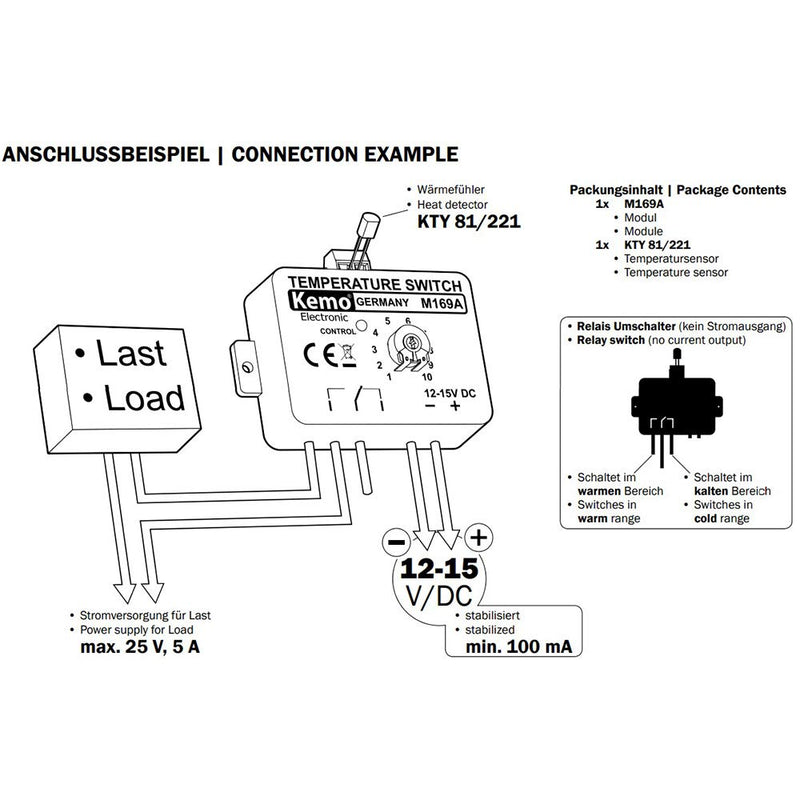 Kemo M169A einstellbarer elektronischer Temperaturschalter Thermostat 12 V/DC. Temperaturschaltberei