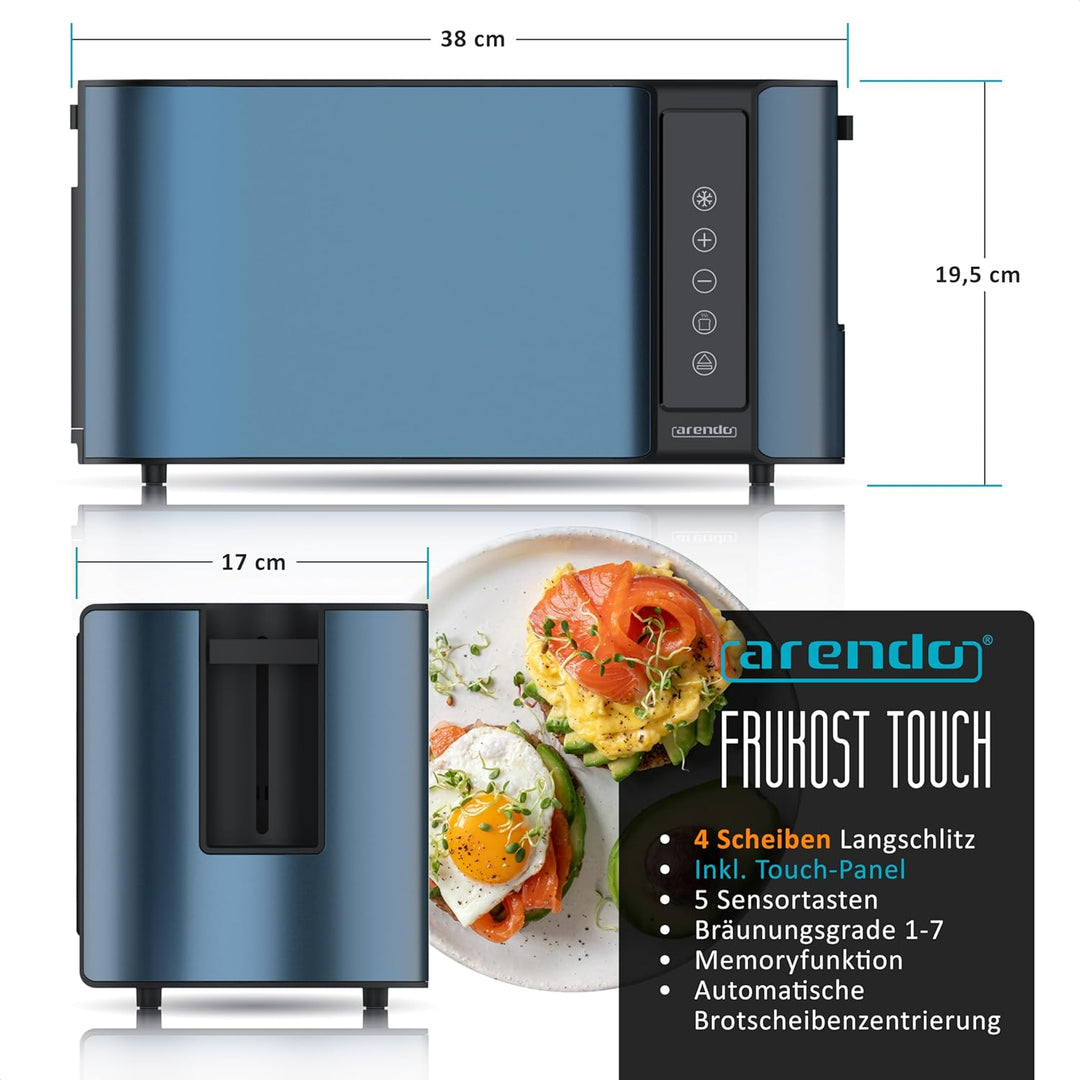 Arendo - Edelstahl Toaster Langschlitz 4 Scheiben- Touchscreen – Doppelwandgehäuse – Integrierter Br