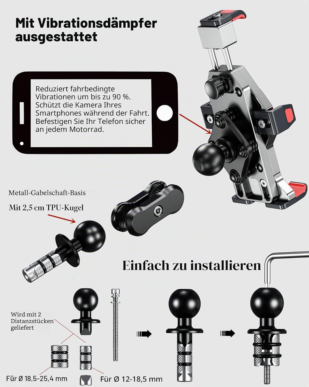 BRCOVAN Aluminiumlegierung Motorrad Gabelschaft Handyhalterung mit Vibrationsdämpfer und Sicherheits