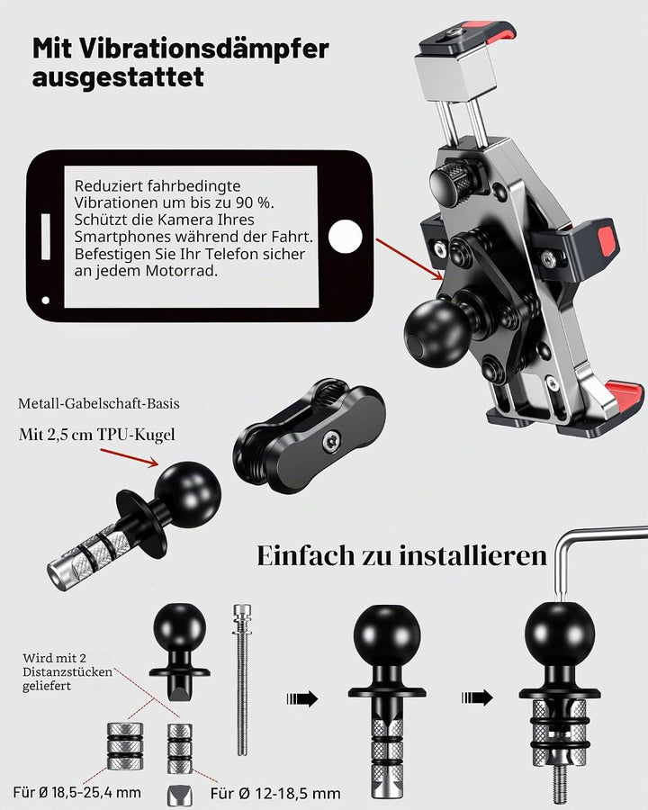 BRCOVAN Aluminiumlegierung Motorrad Gabelschaft Handyhalterung mit Vibrationsdämpfer und Sicherheits