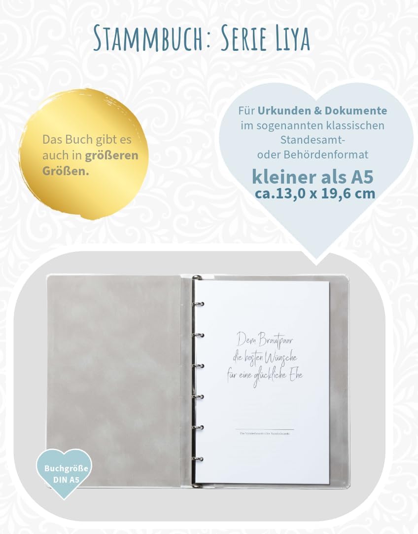Stammbuch Grau Liya Samt Gold Familienstammbuch Standesamt und Kirche incl. Einleger